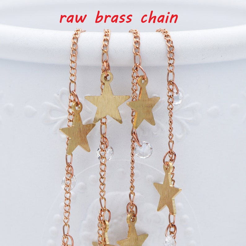 1 Meter=3.3ft Handmade Unplated Curb Chain Wholesale Raw Brass Chain with Star and CZ Charms #LK-219-RB