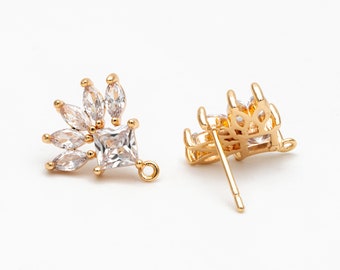 4pcs CZ Pave Rhombus Earrings with Loop, 18K Gold plated Brass Ear Posts, Geometric Earring Findings (#GB-3858)