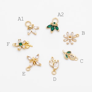 4 breloques feuille de fleurs en or pavé CZ, laiton plaqué or 18 carats, boucles d'oreilles pendantes délicates (GB-4130)
