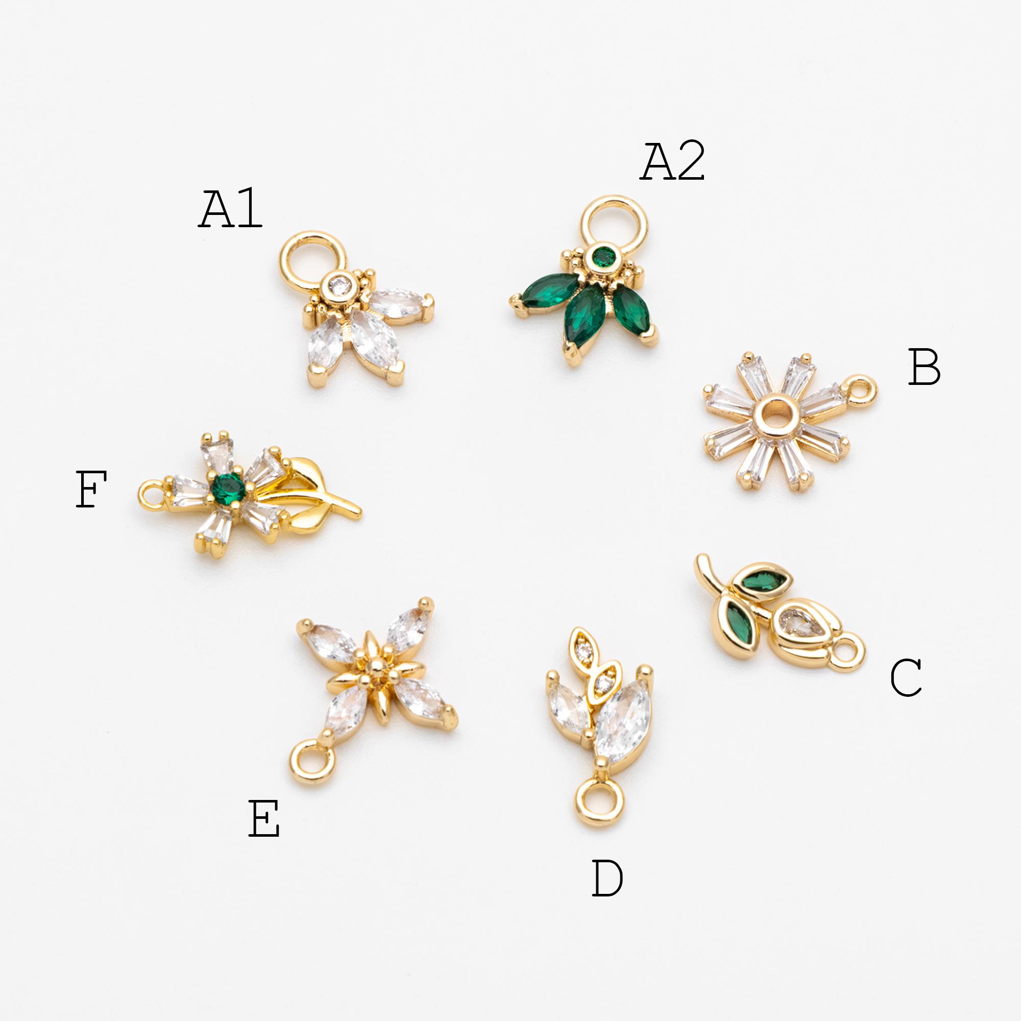 4pcs CZ Pave Gold Flower Leaf Charms, 18K Gold Plated Brass