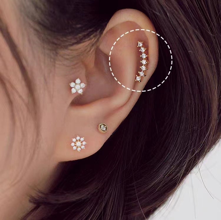 4pcs CZ Pave Gold Curved Bar Ear Posts, Real Gold Plated