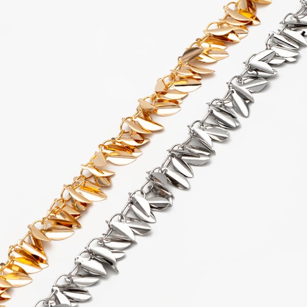 Gold/ Sliver Tone Leaf Chain, Real Gold/ Rhodium plated Brass, Designer Leaf Chain Wholesale (#LK-197)/ 1 Meter=3.3ft