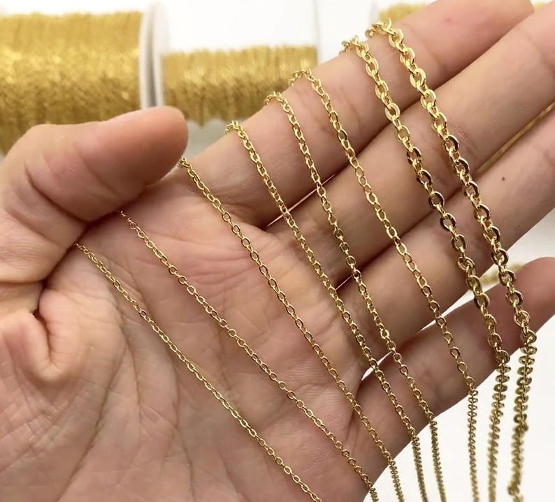 Dainty Gold plated Brass Cable Chains, Soldered Oval Chain Wholesale, 1.2/ 1.4/ 1.6/ 1.8/ 2/ 3.2mm Multi Sizes (#LK-106)/ 1 Meter=3.3 ft image 2