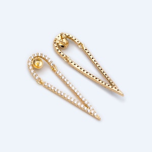 4pcs CZ Pave Gold Drop Charms, 34x10mm, DIY Pearl Peg Mounts, Half Drilled Pearl Settings  (GB-1498)