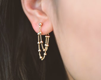 4pcs CZ Pave Gold Chain Tassel Earrings, Real Gold plated Brass, Front Back Earrings, Tassel Ear Jacket (GB-4189)