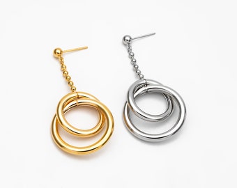 Boucles D'oreilles Pendantes Double Cercle Plaqué Or - Argent 925, Longueur 36,5 Mm, Crochet, Neuves
