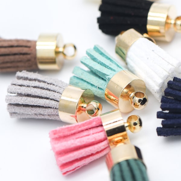 10pcs Mini Suede Tassel with Gold Top Caps, Small Leather Tassel Charm Pendants 17x7mm, Available in 11 Colors (FB-004)