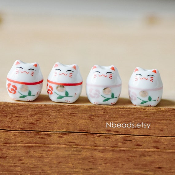 10 Beads Porcelain Lucky Cat Beads 15mm, Ceramic Maneki Neko, Drilled With  Hole, White Red/ Pink Kawaii Cattc-148 