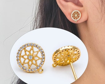 10pcs CZ Pave Flower Ear Posts 12mm, Round Filigree Stud Earrings with Loop (#GB-1450)