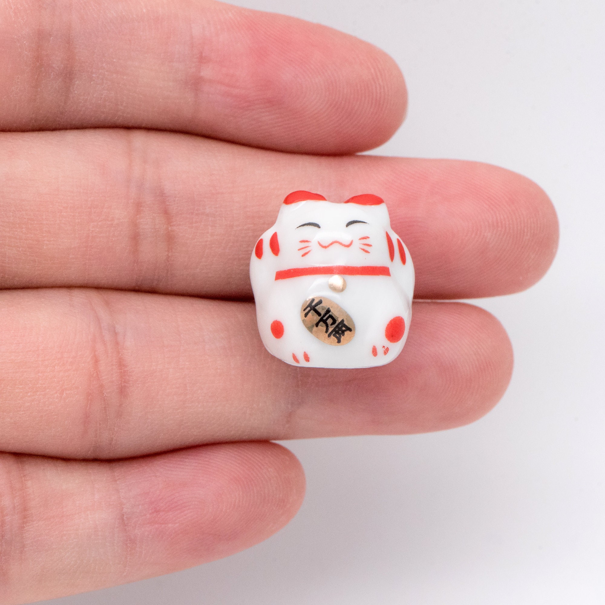 10 Beads- Lucky Cat Beads 17mm, Handmade Ceramic Maneki Neko