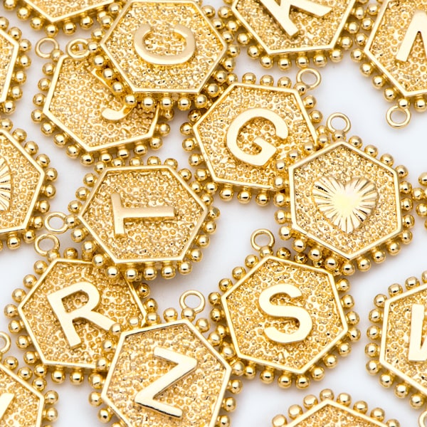 Gold Alphabet Charms, English Letter Pendants 16x20mm, Hexagon Initial Coin Pendants, You Choose Letter (GB-2458)