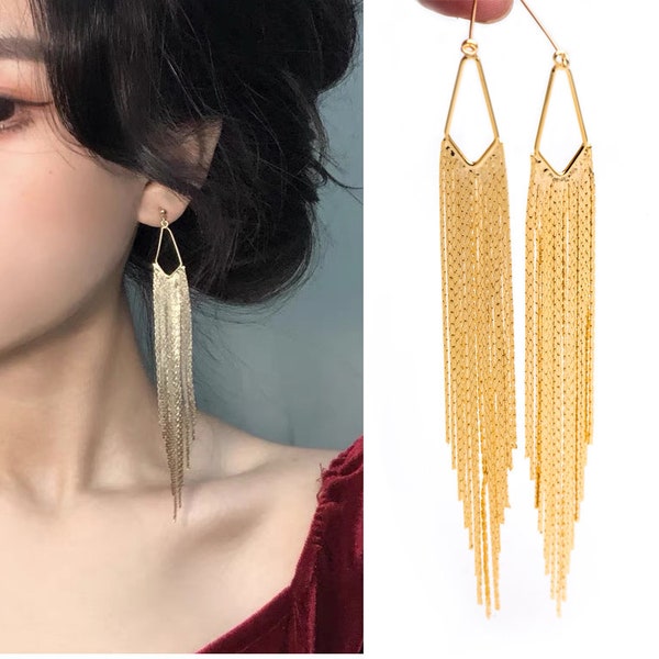 4pcs Gold Chain Long Tassels 123mm, 18K Gold/ Rhodium plated Brass Tassel, Earring Charm Pendants (GB-945)