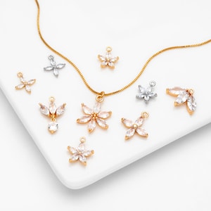 4pcs Gold/ Silver CZ Flower Charms , Real Gold/ Rhodium plated Brass, Cubic Zirconia Flower Pendants  (GB-584)