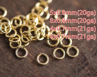 100 anneaux ouverts en laiton plaqué or véritable, 3-8 mm par 0,7-0,8 mm (calibre 20-21), gros anneaux brisés multi-tailles (GB-049)