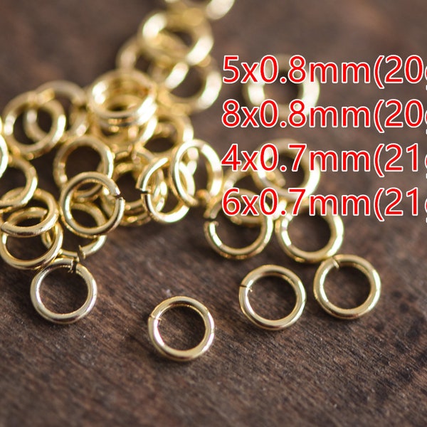 100 anneaux ouverts en laiton plaqué or véritable, 3-8 mm par 0,7-0,8 mm (calibre 20-21), gros anneaux brisés multi-tailles (GB-049)