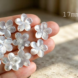 May include: A collection of white, iridescent, five-petaled flower-shaped charms made of mother of pearl. Each individual floral piece measures 17mm in diameter and features a small, circular hole near the edge for attachment purposes.
