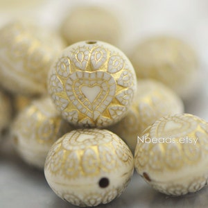 20pcs Gold Etched Ivory Acrylic Round Coin Beads 15mm Vintage Style (#SL010)