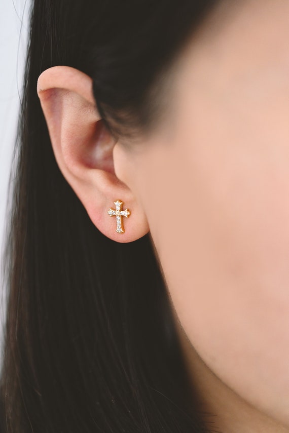 【国内配送】 10x8mm, Earrings Cross Gold Pave CZ 4pcs Gold Brass Plated ラウンド用品・アクセサリー