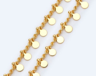 Gold Curb Chain with 3mm Round Disc Charms, 18K Gold plated Brass Chain, Quality Chain for Necklace Wholesale (#LK-431-1)/ 1 Meter=3.3ft
