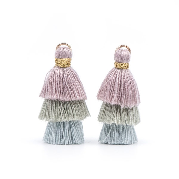 10pcs Tiered Cotton Tassels 31mm,  3 Layers Tassel Charms for Earrings, Keychain Jewelry Tassel Pendants, violet green blue (FB-019-8)