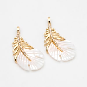 4pcs Dainty Feather Charms , 18K Gold plated Brass, CZ Gold Feather Pendants (GB-3343)