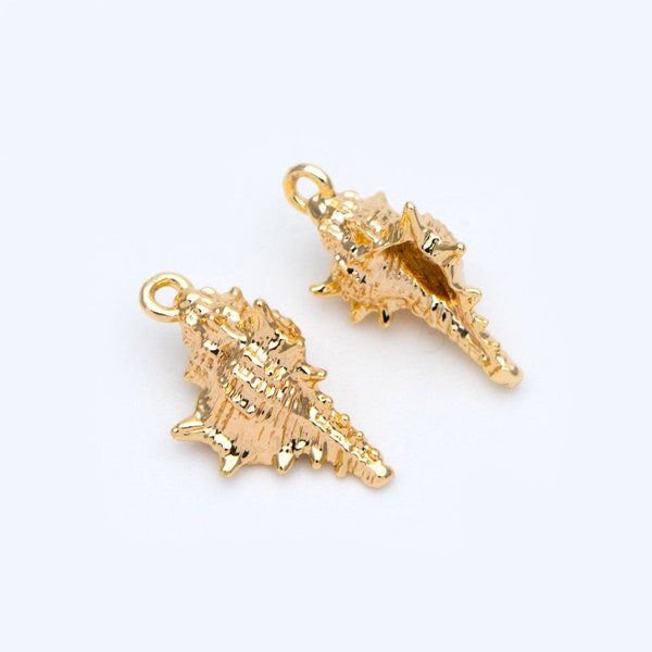 10pcs Gold Seashell Charms 16x9mm, 18K Gold plated Brass, 3D Shell Dangle Pendants (GB-952)