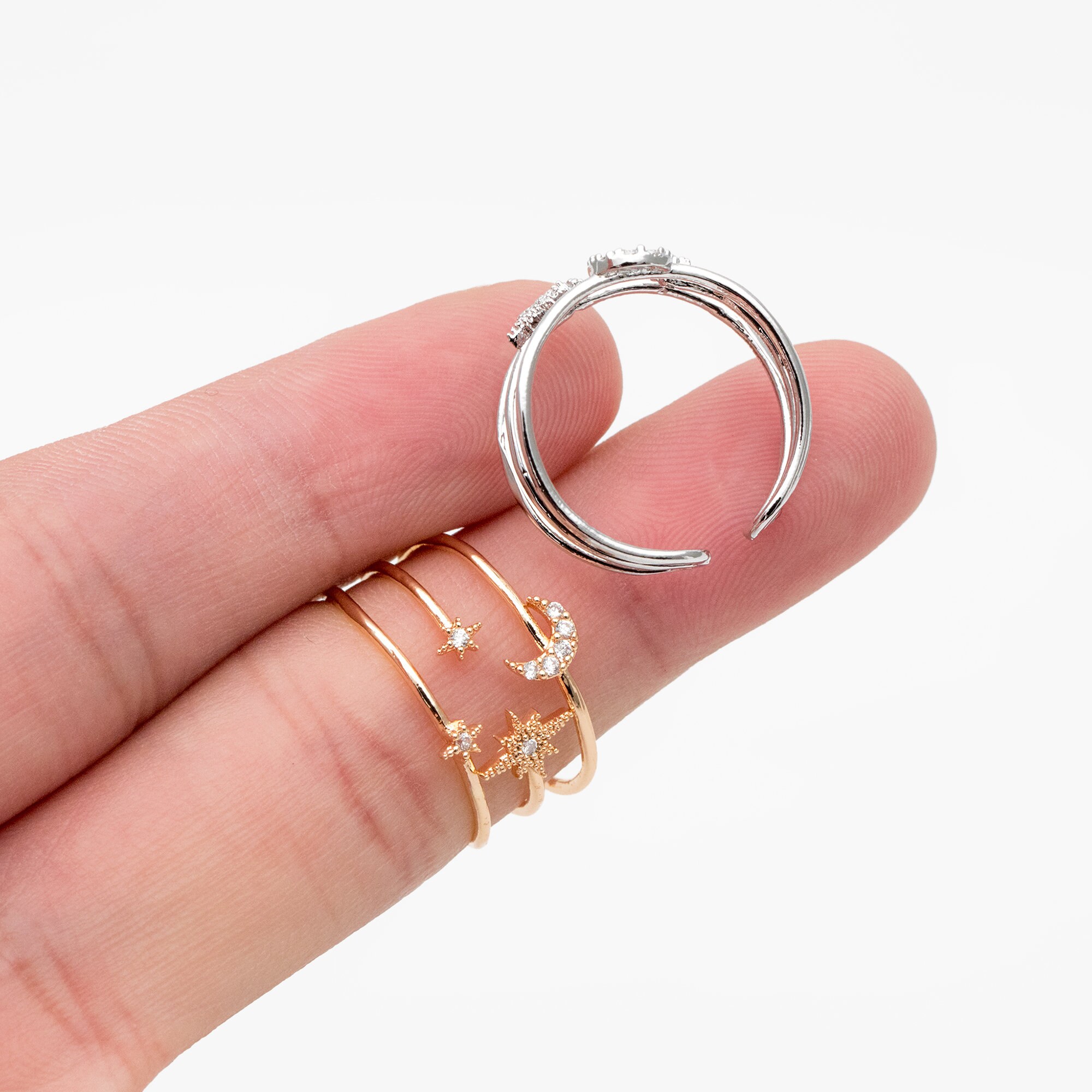 4pcs CZ Pave Triple Band Moon and Star Ring, Celestial Ring
