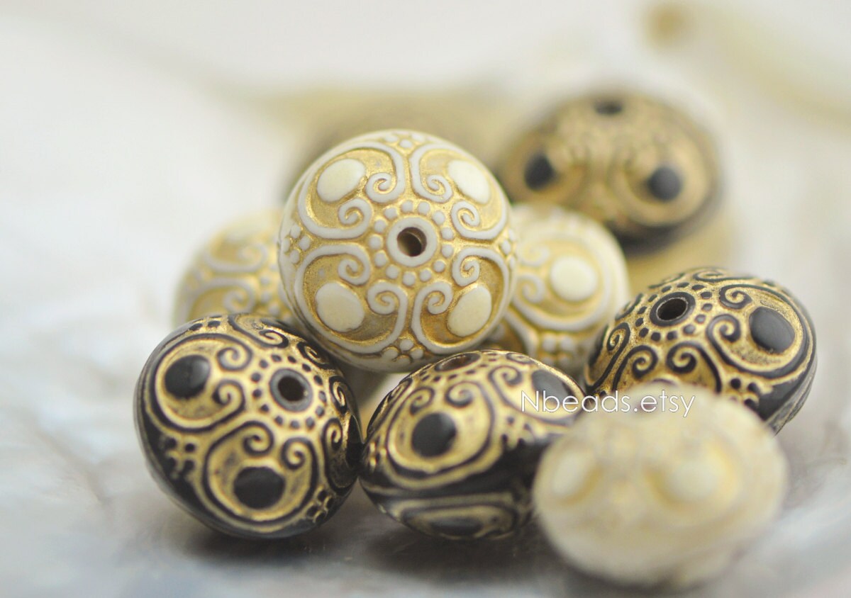 Gold Etched Acrylic Round Coin Beads 16x11mm Black/ Ivory Etsy