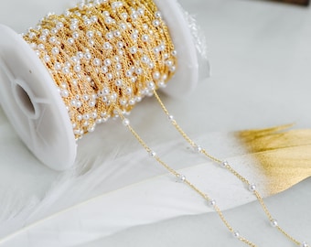 Gold Faux Pearl Beaded Chain, 18K Gold plated Brass Chain with Faux Pearl 3 / 4mm (LK-159) / 1 meter= 3.3ft