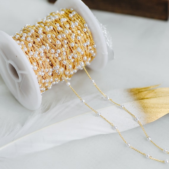 Gold Faux Pearl Beaded Chain, 18K Gold plated Brass Chain with Faux Pearl 3 / 4mm (LK-159) / 1 meter= 3.3ft