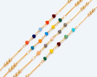 Glass Rondelle Bead Chain 3.5mm, 18K Gold plated on Brass Beaded Chains, Mix Color Rainbow Crystal Chain (#LK-442)/ 1 Meter=3.3ft