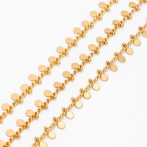 May include: A gold chain necklace with multiple rows of small, round, gold discs hanging from it.