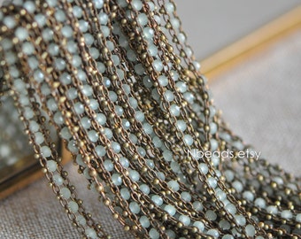Crystal Glass Bead Chain 7mm, Unplated Brass Designer Chain, Green/ Black (#LK-032)/ 1 Meter=3.3ft