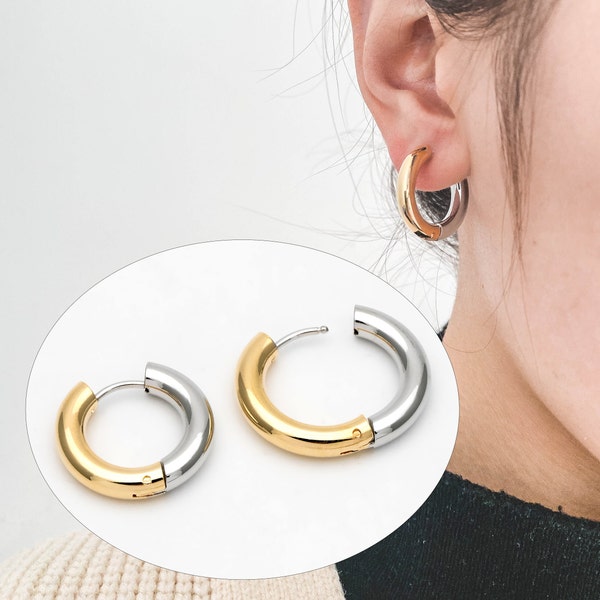 4pcs Gold and Silver Two Tone Chunky Hoop Huggies, 4mm Thick, 18/20/ 22mm, Stainless Steel Hoop Earrings, Minimalist Earrings (GB-3314)