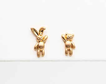 10pcs Gold/ Silver Rabbit and Bear Asymmetry Earrings, Gold/ Rhodium Plated Brass Minimalist Stud Earrings (GB-4207)