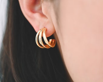 4pcs Gold Five Band Hoop Stud Earrings, Gold plated Brass, Round Circle Earrings (GB-3766)