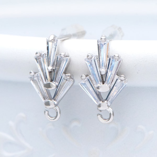 10pcs CZ Pave Ear Posts, Rhodium Plated Brass Stud Earrings, Sterling Silver Pin (#GB-314-2)