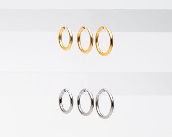 10pcs Gold/ Silver Tone Huggie Hoop Earrings, 2mm thick, 16/ 18/ 20mm, Stainless Steel Huggies, Minimalist Hoop Earrings (GB-2209)