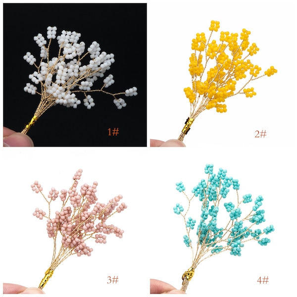 10pcs Beaded Leaf Sprigs on Gold Wire, Flower Tassel Hair Accessories, Seed Glass Beads Branch (FB-050)