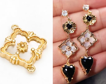 10pcs Shell Pave Gold Flower Charms, 18K Gold plated Brass, Rhombus Flower Pendants Connector (GB-3780-L)