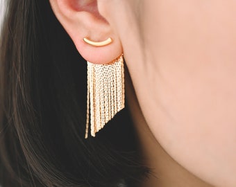 4pcs Gold Curved Bar Ear Post with Tassel Ear Back, 18K Gold plated Brass, Tassel Stud Earring, Dainty Dangling Earrings (GB-3763)