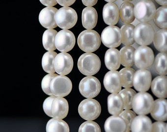 Freshwater Button Pearl 8mm /10mm, White Fresh Water Round Coin Pearl Beads -(PL03)/ Full strand