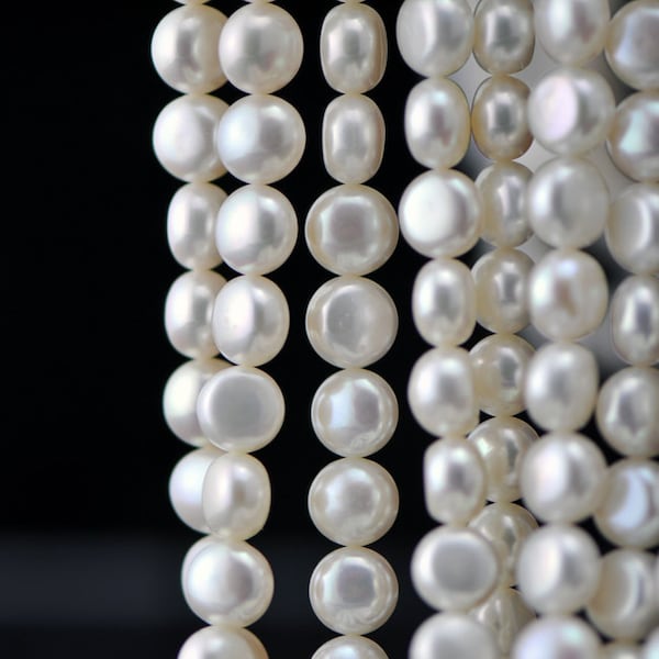 Freshwater Button Pearl 8mm /10mm, White Fresh Water Round Coin Pearl Beads -(PL03)/ Full strand