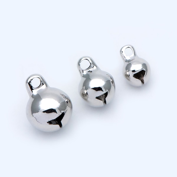 10pcs Silver Jingle Bell Charms, Rhodium plated Brass, Round Cat Bell Charms 6/8/10mm, Can Ring (GB-908)