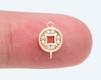 4pcs CZ Pave Gold Chinese Coin Charm, Real Gold plated Brass, Round Coin Disk Pendants (GB-2535)