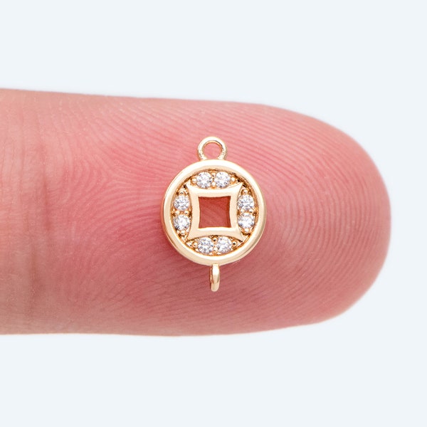 4pcs CZ Pave Gold Chinese Coin Charm, Real Gold plated Brass, Round Coin Disk Pendants (GB-2535)