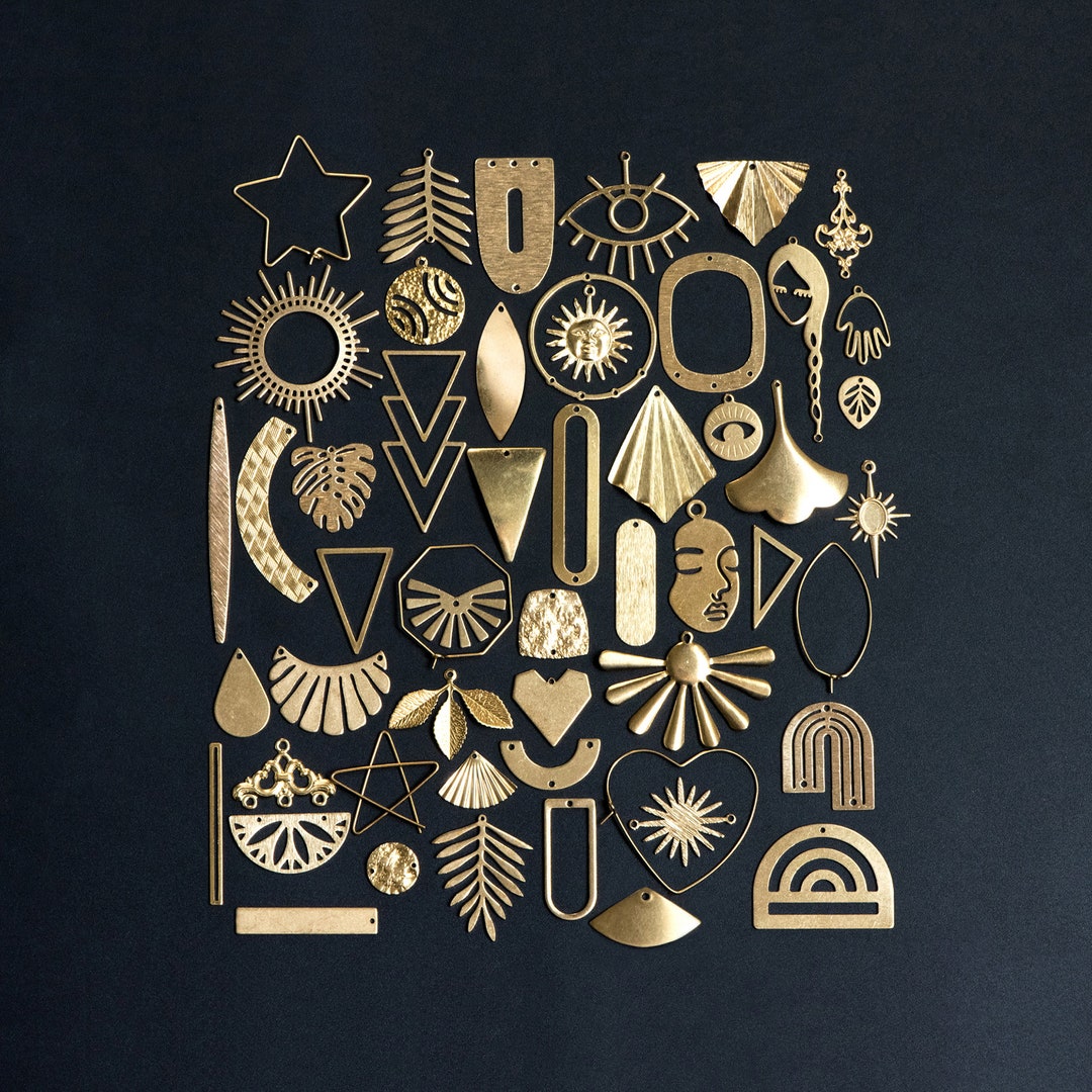 53 Pairs Raw Brass Jewelry Supplies, Brass Charm Pendant Findings