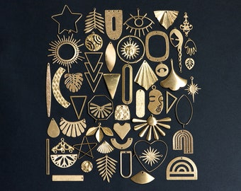 53 pairs- Raw Brass Jewelry Supplies, Brass Charm Pendant Findings, Earring Making Kit for Beginners, FREE Shipping (RB-999)