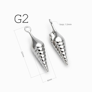 May include: Two silver-toned metal shell charms labeled G2. Each charm features a spiral cone shape with a top loop. Technical lines indicate a total length of 22mm, a width of 6mm, and a loop diameter of 1.5mm for jewelry making.