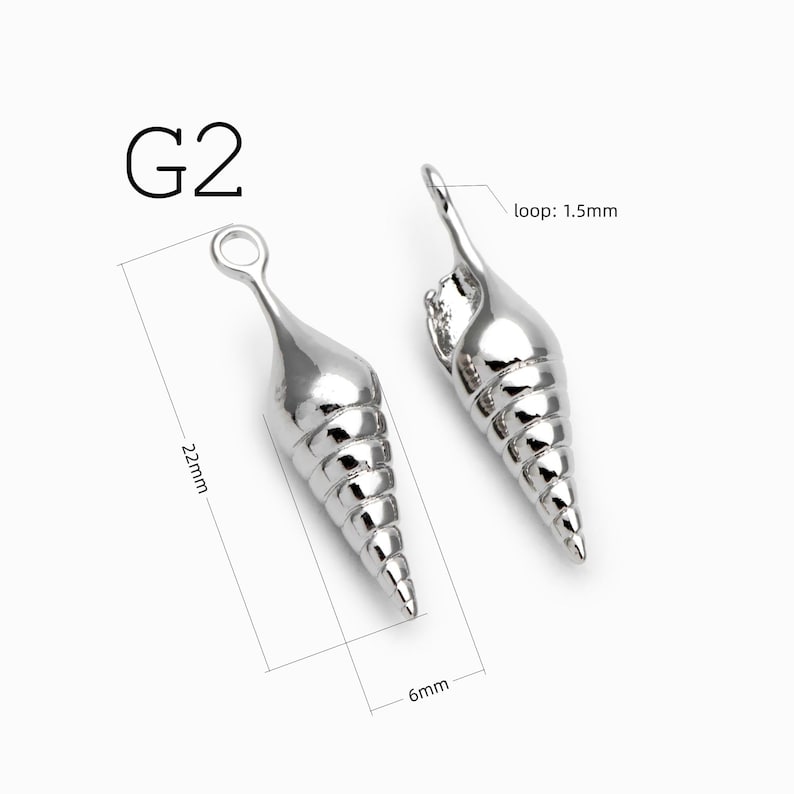 May include: Two silver-toned metal shell charms labeled G2. Each charm features a spiral cone shape with a top loop. Technical lines indicate a total length of 22mm, a width of 6mm, and a loop diameter of 1.5mm for jewelry making.